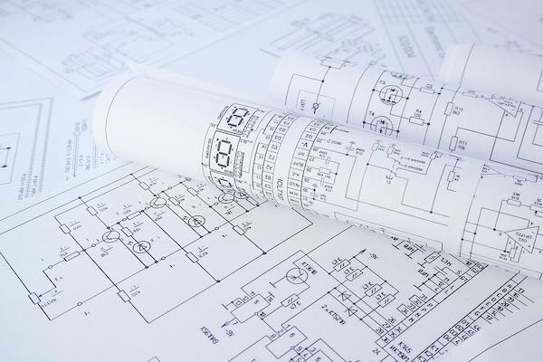Electronics And Engineering. Printed Drawings Of Electrical Circuits. Science, Technology And Electr